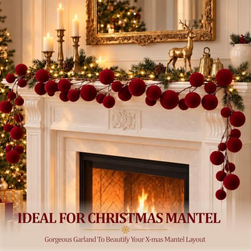 6 Ft Burgundy Velvet Christmas Garland with Ornaments - Holiday Decor