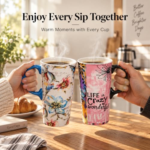 Topadorn 2 Pack Ceramic Travel Mug Set, 17oz Floral Cup, Gift for