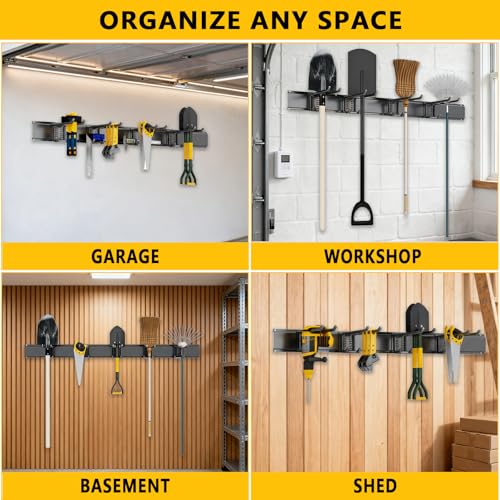 Garage Tool Organizer Wall Mount with 6 Adjustable Double Hooks - 48in Heavy-Duty Storage System