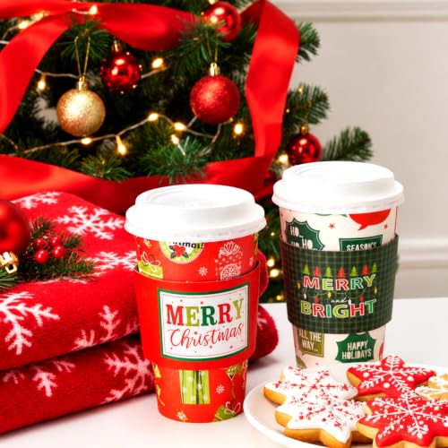 Jingmore 48 Pack Christmas Coffee Cups with Lids & Sleeves, 16oz - Holiday Designs