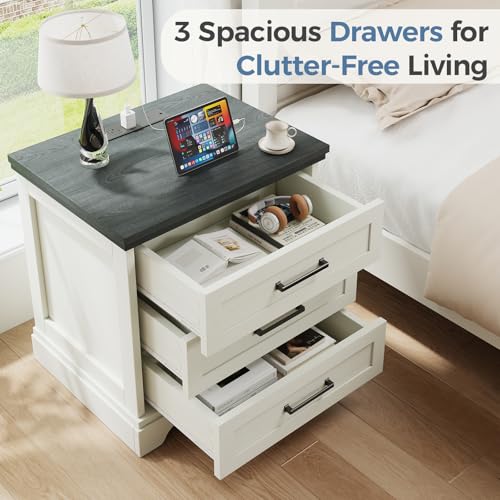 White Farmhouse Nightstand with Built-in USB Charging Station & 3 Drawers - DUMOS