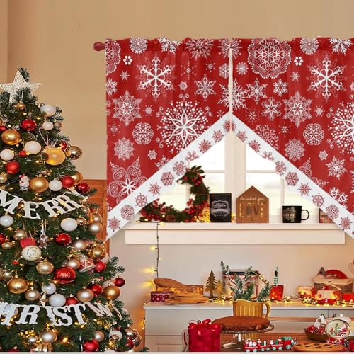 Snowflake Christmas Swag Curtain Valance for Kitchen & Windows, 56" Wide, Pack of 2