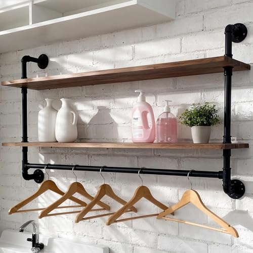 42 Inch 2 Tier Industrial Pipe Shelving Wall Mounted with Plank & Hooks
