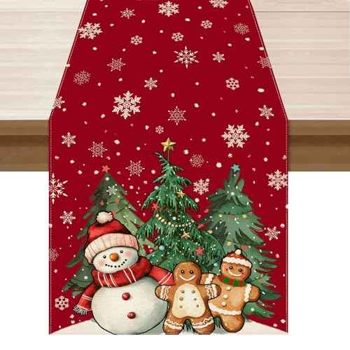 XCHI Winter Red Snowman Gingerbread Man Christmas Tree Xmas Table Runner Table Decoration for Party Home Kitchen Dining Holiday Decor 13x72 Inch