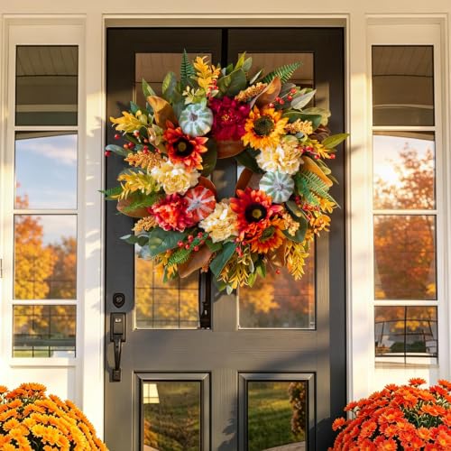 Autumn Magnolia Wreath with Peony & Sunflower - Fall Front Door Decor, 24 Inch - Cream Variation