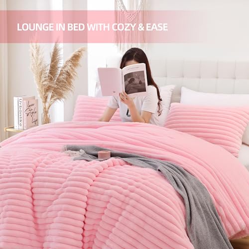 Pink Queen Size Fluffy Comforter Set 3 Pieces - Micro-Mink & Flannel Bedding