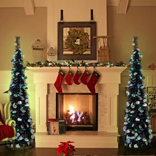 Lighted up Christmas Tree for Indoor Decoration 5FT Pre-lit Mini Balck Pop up Tree with 60 Lights,Black Tinsel with Silver Laser Skull Collapsible Tree Halloween Decorated Tree