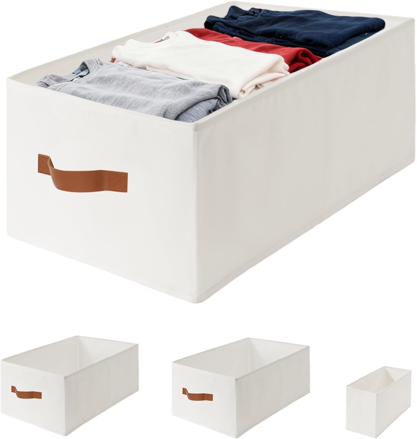 Oxford Fabric Storage Bins - 4 Pack Sturdy Organizer Baskets with PU Handles | Foldable White Design