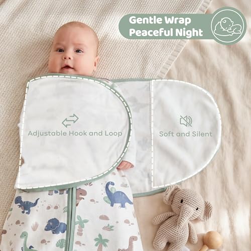 Baby Swaddle Sleep Sack 3-6 Months - Cotton Wrap with Adjustable Wings - Green Dinosaur 2 Pack