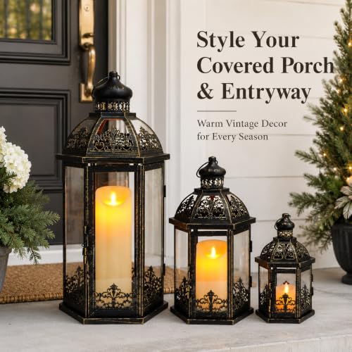19/13.5/9.5-inch Set of 3 Black & Gold Metal Candle Lanterns with Tempered Glass - Indoor & Outdoor Decor