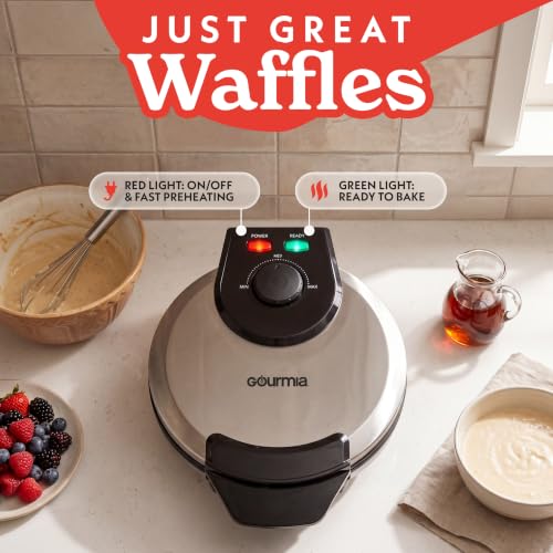 Gourmia Belgian Waffle Maker with Nonstick Ceramic Plates, Deep Pockets, Adjustable Browning