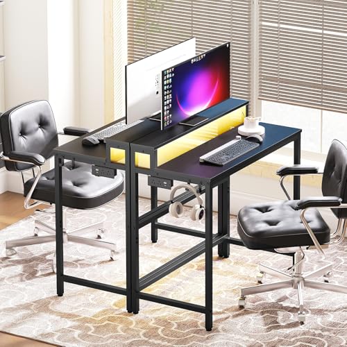 Black Gaming Desk with Charging Station LED Lights Monitor Stand 2-Tier Home Office