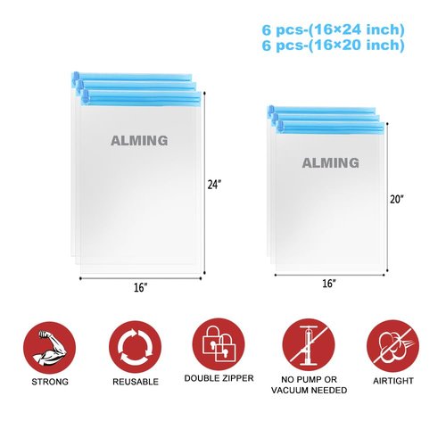 ALMING Compression Bags - Travel Essentials - 12 Pack Space Saver Bags - No Vacuum Pump Or Air Extractor is Needed - Storage Accessorie and Home Packing Organizers (transparent)
