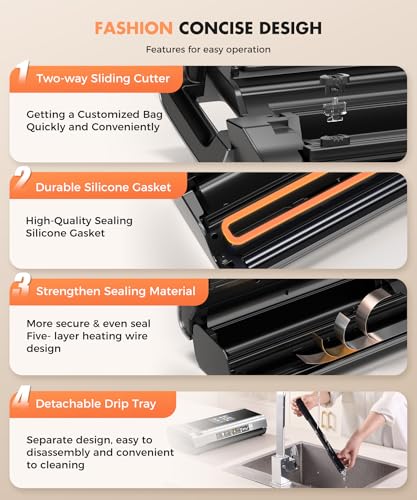 Food Vacuum Sealer Machine with Storage & Built-in Cutter - Black Silver
