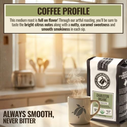 Organic Whole Bean Coffee - Charleston Medium Roast 12oz Pack of 6 - Hand Picked & Slow Roasted