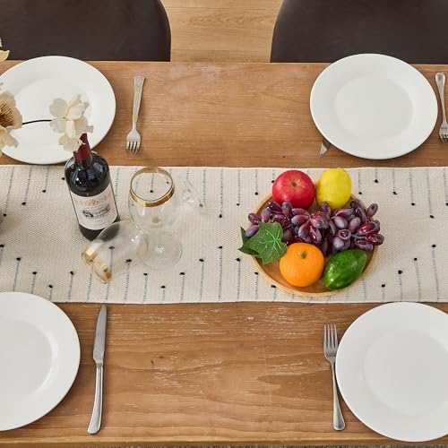 Zkanac Boho Table Runner 72in with Handmade Tassels, 70% Cotton 30% Linen, Beige/Black, 12x72