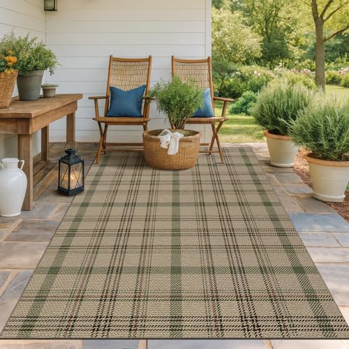 Outdoor Jute Plaid Rug 5x7 - Beige & Sage Green Tartan, Washable, Low-Pile