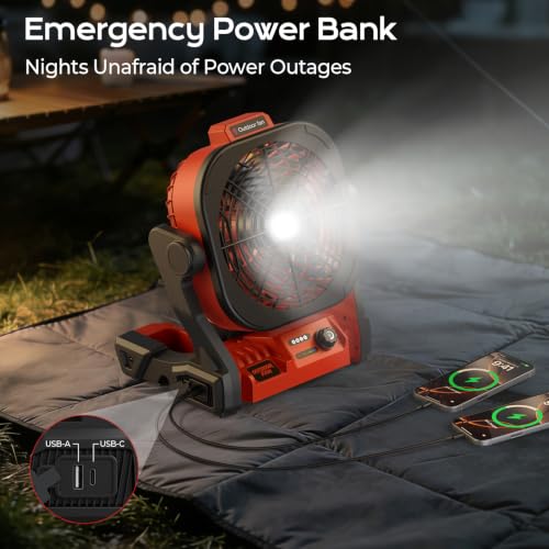 Red Battery Operated Camping Fan with USB Charging & LED Lights - Portable, 4 Speeds, Hook, for Milwaukee M18 Batteries