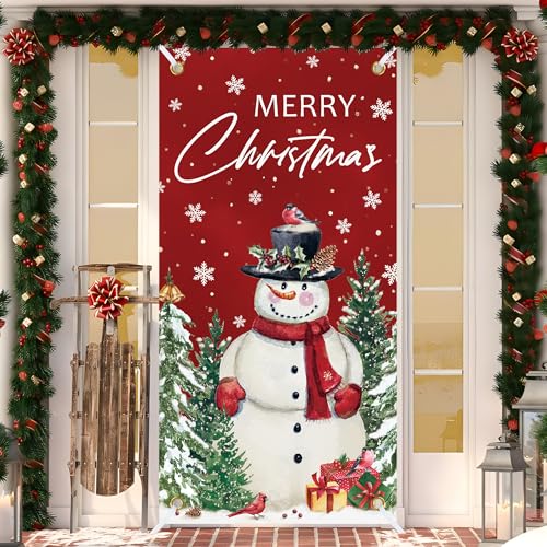 Christmas Front Door Cover Snowman Door Cover Banner Merry Christmas Door Hanging Backdrop Decorations for Home Indoor Outdoor Winter Holiday Party Decor, 70.9 x 35.4 Inch