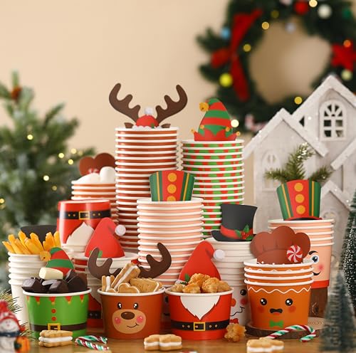 Qinyoung 120-Pack 8 oz Christmas Treat Cups – Snowman Santa Elk Gingerbread Disposable Bowls (Variation: Christmas)