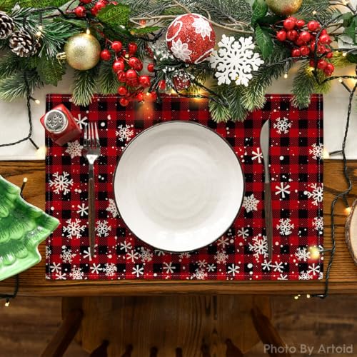 Artoid Mode Red and Black Buffalo Plaid Snowflake Christmas Placemats Set of 12, 12x18 Inch Winter Table Mats for Holiday Dining