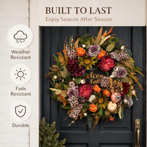 Fall Wreath - 24 Inch Artificial Autumn Front Door Decor with Sunflowers & Welcome Sign