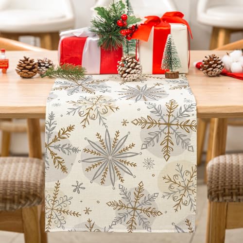Christmas Winter Table Runner - Gold Silver Snowflake Decor 13x72 Inch