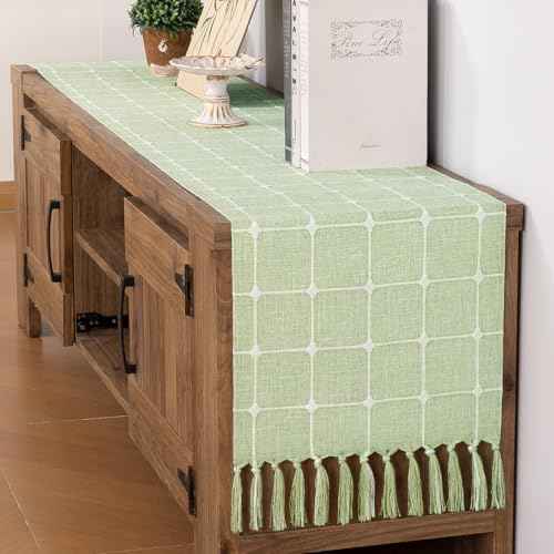 MLMC Sage Green Embroidered Lattice Fall Table Runner 48 Inches Plaid Rustic Checkered Table Runner with Tassels Farmhouse Table Decor 13"x 48" for Thanksgiving Christmas Dinning Table Bedroom Decor