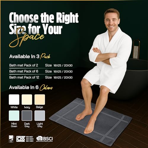 Cotton Bath Mats Set - 6 Pack, 20 x 30 Inches, Dark Grey, Quick Dry, Soft & Absorbent