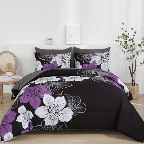Luxudecor Queen Size Purple & Black Floral Comforter Set - 7 Pieces Bed in a Bag