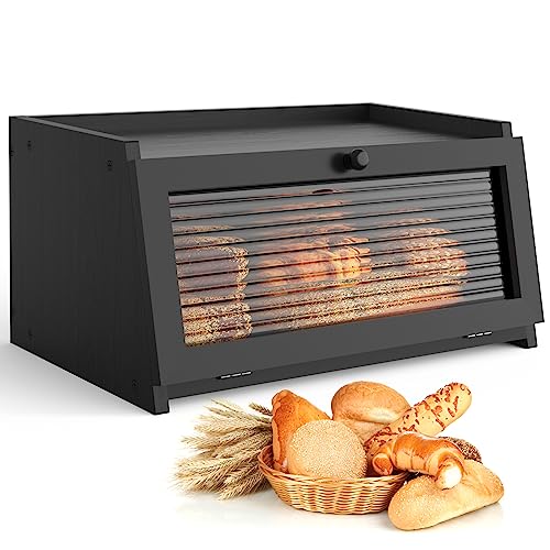 Black 1-Tier Bread Box for Kitchen Countertop - Natural Pine & Acrylic Window