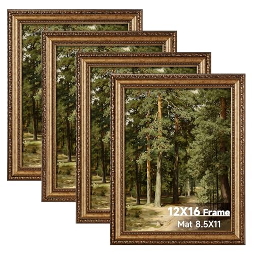 Antique Gold 12x16 Picture Frame Set - Vintage Gold Finish, Mat for 8.5x11 Prints - 4 Pack
