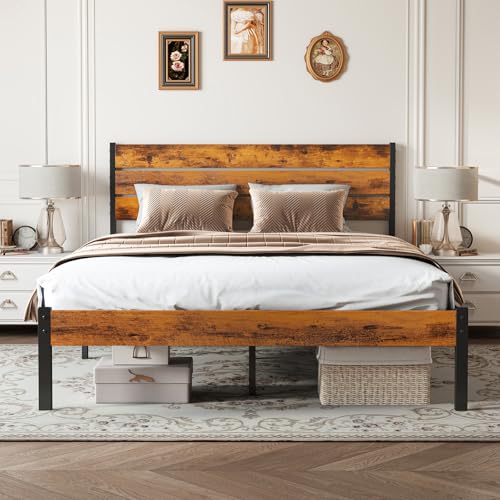 Brown Full Size Platform Bed Frame with Wooden Headboard - Heavy Duty Metal Slats