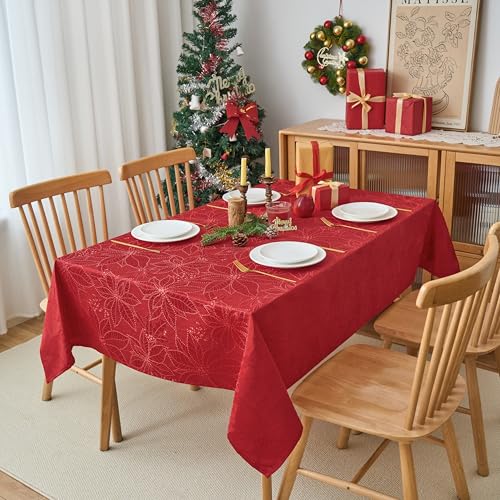 Anlass 70x52 Inch Christmas Poinsettia Jacquard Tablecloth Waterproof & Wrinkle-Resistant