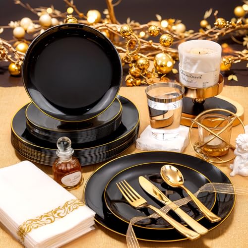 Black and Gold Plastic Dinnerware Set for 50 Guests - Heavy Duty Party Plates and Utensils
