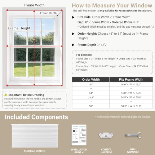 Cordless Blackout Cellular Shades - White, 34 x 64 Inches, No Drill Installation Variation: White/34W x 64H