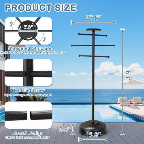 Small Pool Towel Rack with Wheels & Storage Tray - Adjustable Indoor/Outdoor
