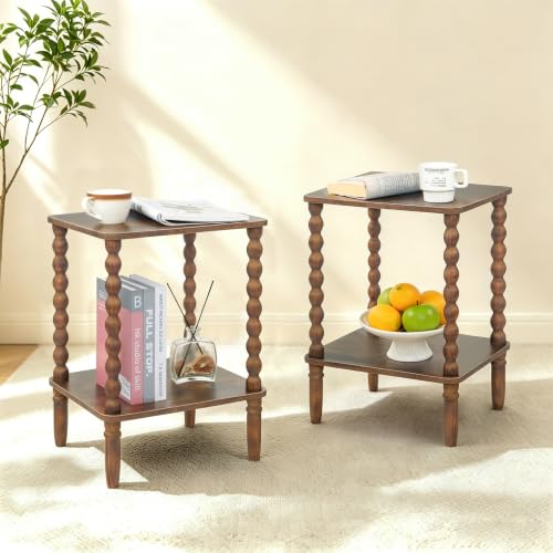 Rustic Brown Side Table Set of 2 with 2-Tier Shelves - Small End Tables