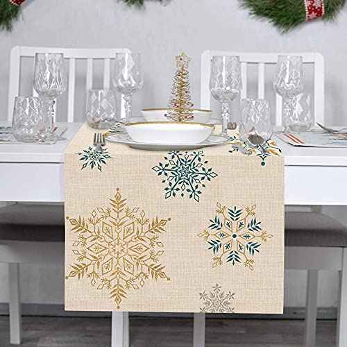 Seliem Winter Snowflakes Table Runner, Gold Blue Tabletop Scarf Home Kitchen Christmas Holiday Decor Sign, Seasonal Farmhouse Rustic Burlap Dining Decorations Party Supplies 13 x 72 Inch
