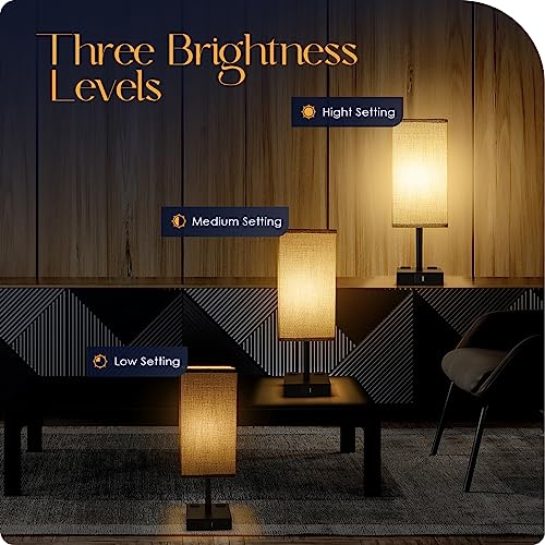 Gray Bedside Table Lamps Set of 2 with USB C+A Charging Ports & Dimmable Touch Control