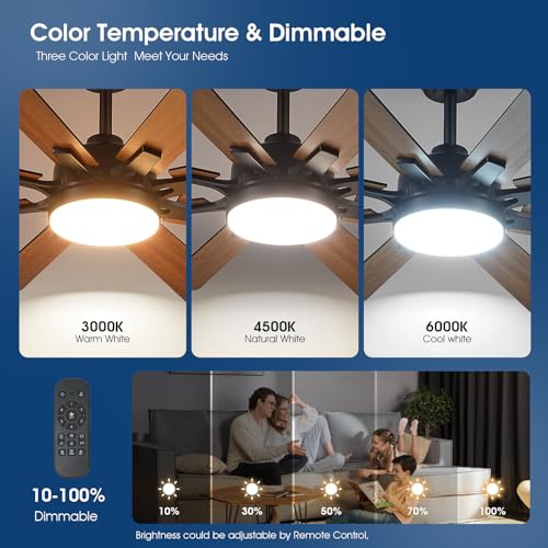 Kviflon 52 Inch Indoor Outdoor Ceiling Fan with Lights and 8 Wooden Blades - Brown / Remote & App Control