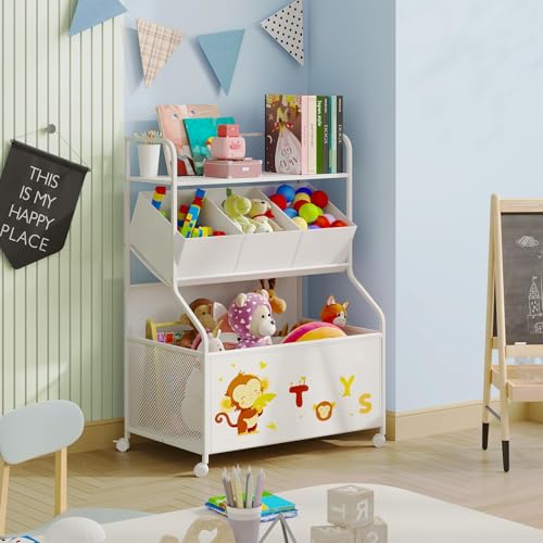 BBLIKE White 3-in-1 Kids Toy Storage Organizer with Wheels, Large Toy Chest & Shelves
