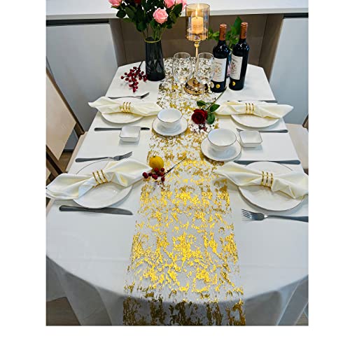 Glitter Metallic Gold Table Runner 11x108 Inch, Mesh Thin Sparkle Table Runner Roll, Table Decorations for Wedding Bridal Shower, Christmas, Baby Shower