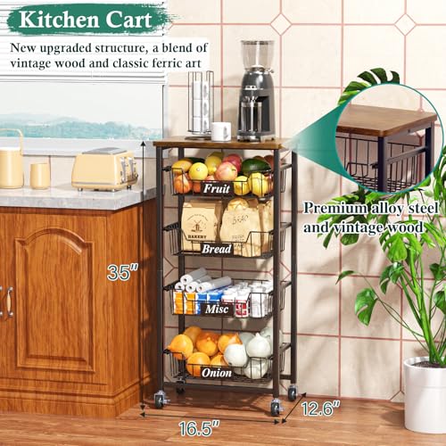 Kitchen Storage Cart with 4 Drawers & Wood Top - 5 Tier Mobile Organizer, Black