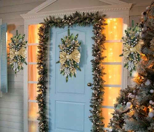 INSUNSIX 4PCS Gold Christmas Teardrop Swags Prelit 24-Inch Stairway Decor