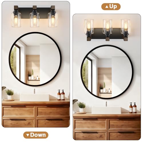 DvmTeom Farmhouse Bathroom Vanity Light Fixture - Black & Wood, 3-Light