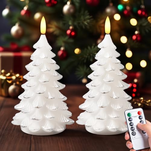 ARIKJ White & Silver Christmas Tree Flameless Candles, Battery Operated Holiday Decor