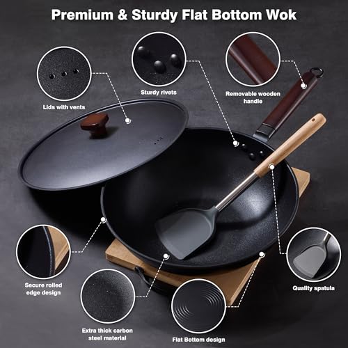 13-Inch Carbon Steel Wok with Lid - Nonstick Stir-Fry Pan, Black