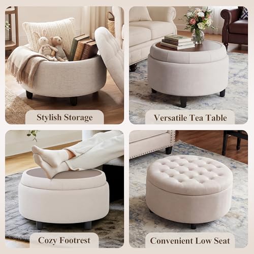 COLAMY Classic Beige Fabric Round Storage Ottoman with Reversible Tray Lid – Multi-Functional Footrest & Small Coffee Table