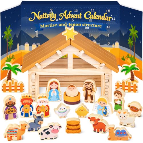 Wooden Nativity Advent Calendar 2026 for Kids Blue & Yellow Scene Set Gift